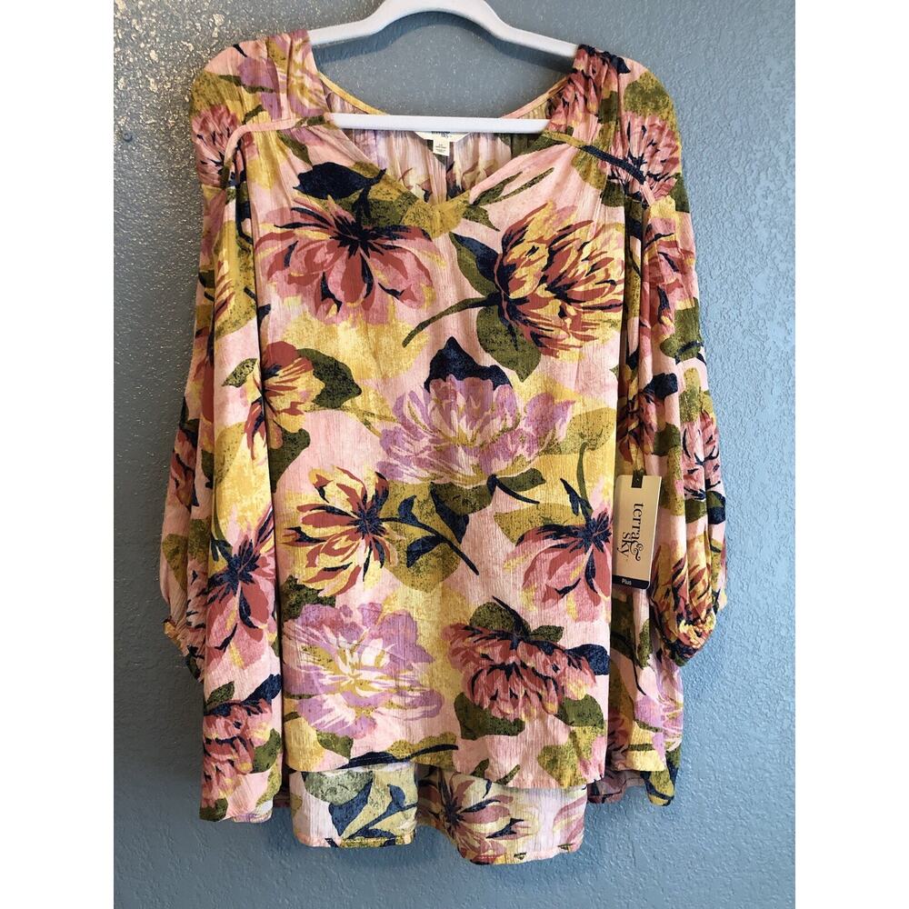 Terra & Sky Womens‎ Tunic Top 1X Long Sleeve Pearl Blush Floral Boho Cottage New